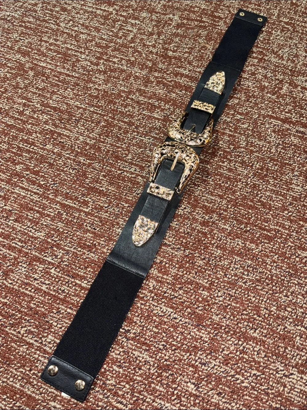 Double western buckle Black Elastic Belt Gold tone Buckle stretch maximalist Med